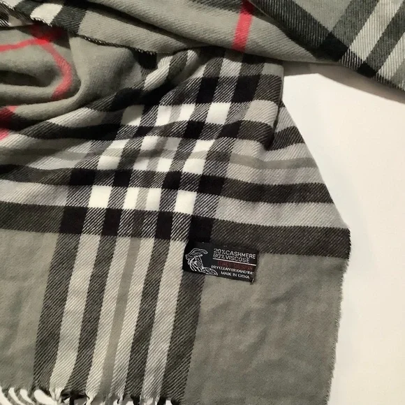 Elegant cashmere viscose Gray and Red Plaid Women's Scarf - Picture 2 of 2